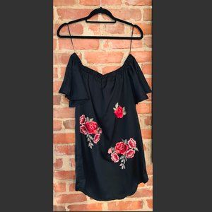 Black Rose Embroidered Off the Shoulder Dress